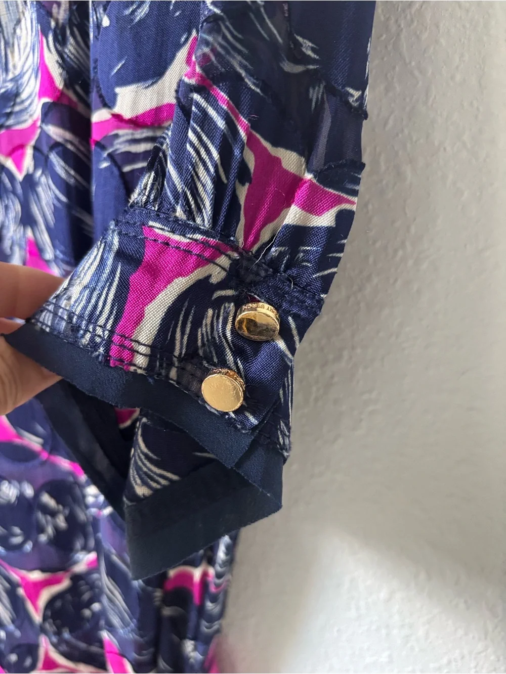 Tory Burch Silk Midi Belted short sleeve Dress Size 8 Navy Blue Gold Buttons